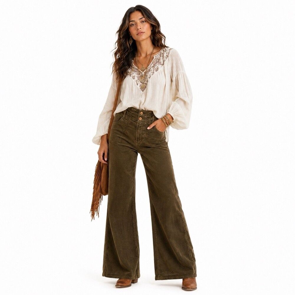 We The Free Green Jayde Corduroy Flare Jeans Women Size 27 Boho Chic Festival - Picture 1 of 8